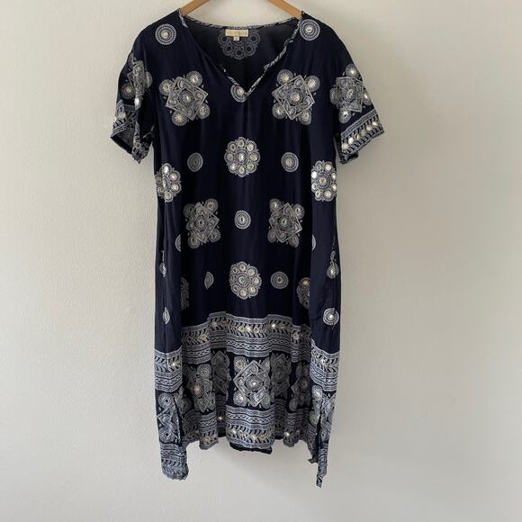 Ruby Yaya Dress Womens Medium Blue Kaftan Sequin Lined Lightweight Metallic - Picture 1 of 13